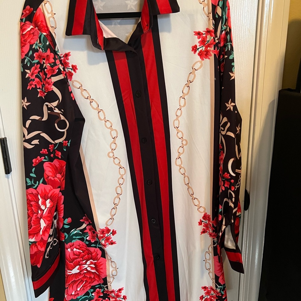 Floral Chain Print Long Sleeve Shirt Dress